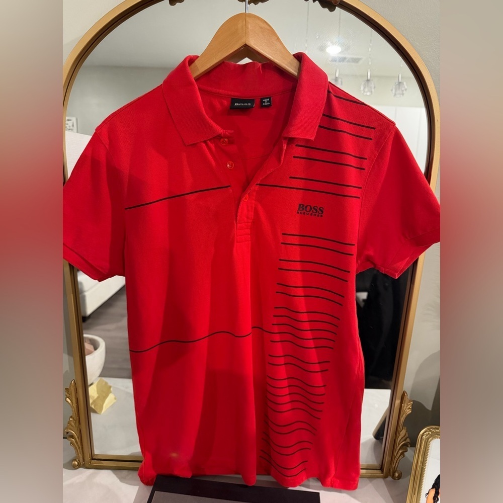 NWOT Hugo Boss Vibrant Red Polo Shirt with Black Accents size Small - Picture 6 of 6